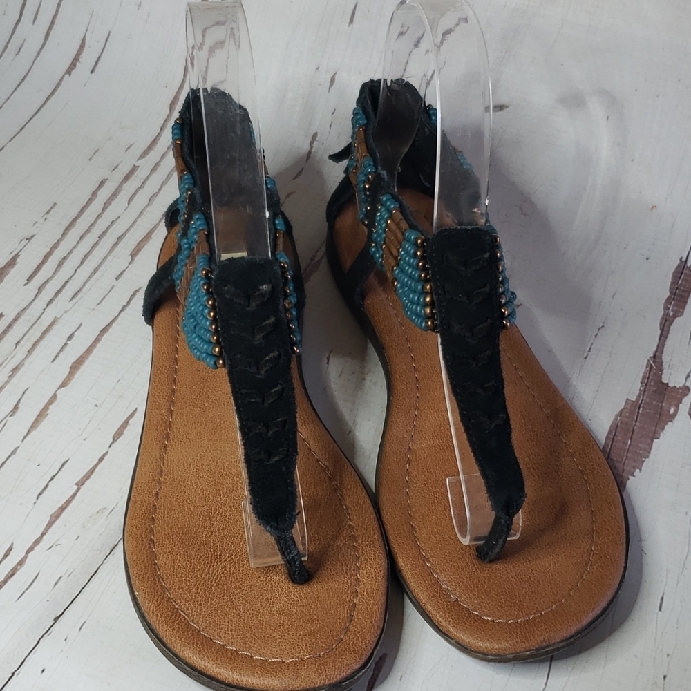 Minnetonka 7 T-strap thong ankle strap beaded black suede sandals - Picture 2 of 7